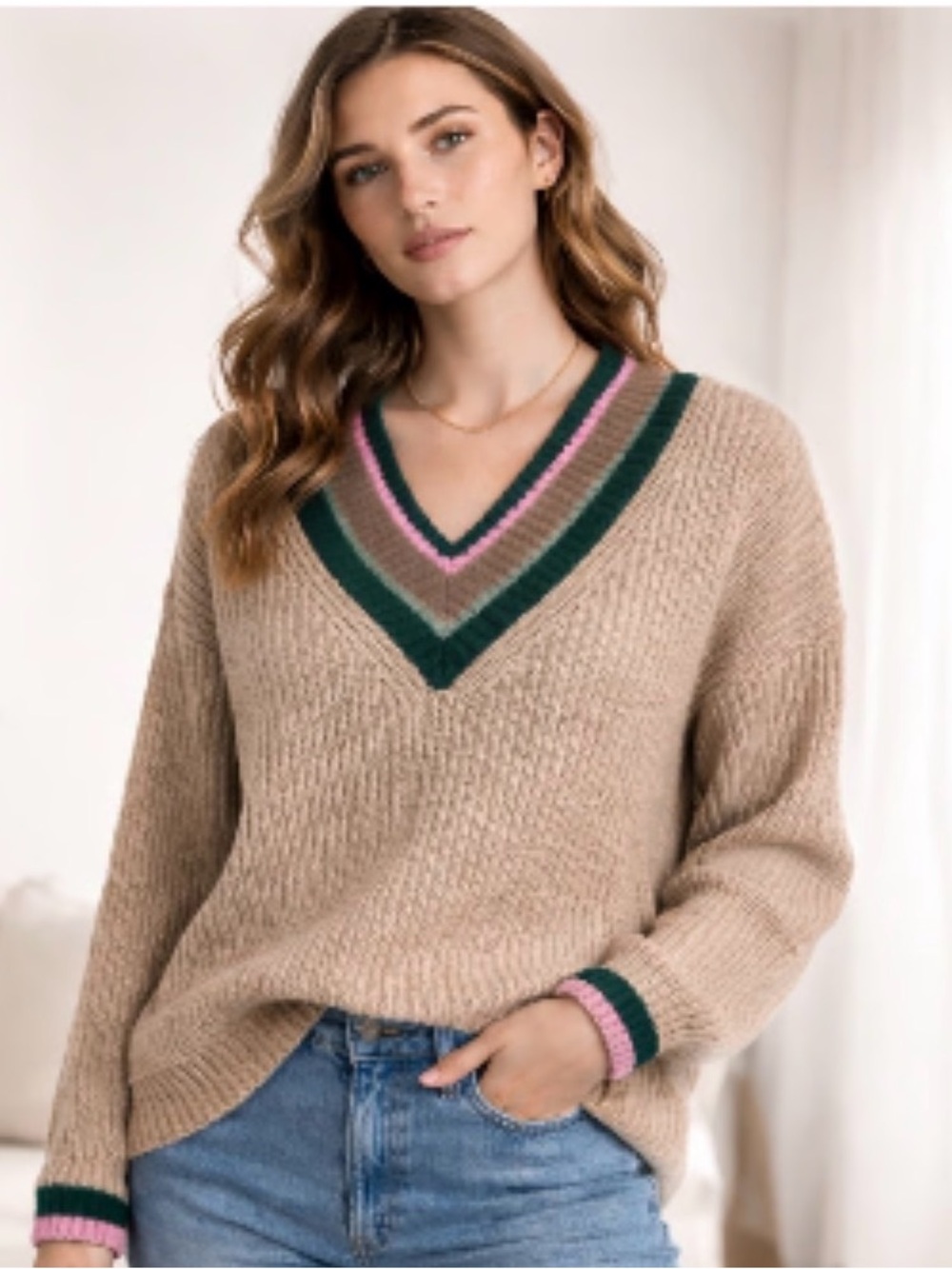 Madewell Tipped Forrest V-Neck Sweater - in Heather Birch -sz large